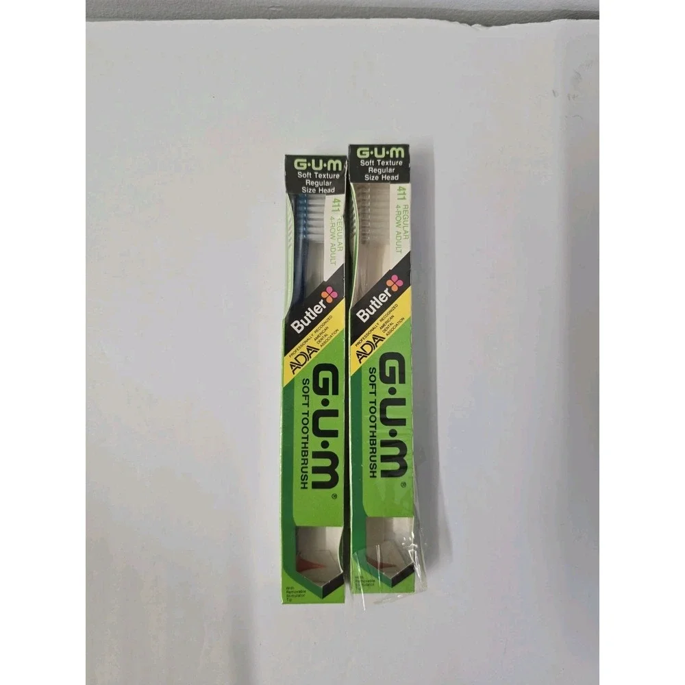 Lot Of 2 VTG Gum Butler 4-Row ADULT Toothbrush 411 Regular Stimulator Tip